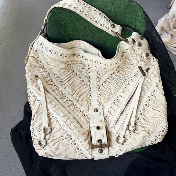 Isabella Fiore Handbags - Ivory Isabella Fiore ruched brass grommets studded large leather hobo bag

-